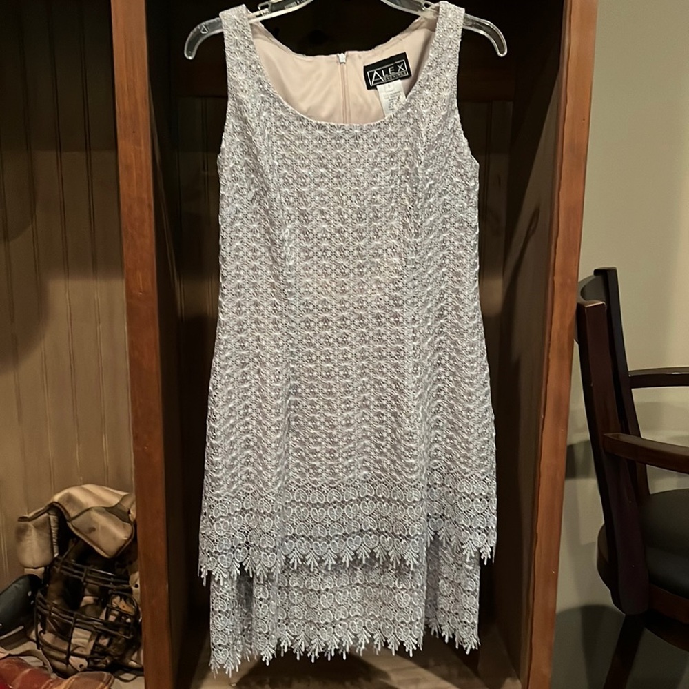 Like new evening dress size 8. Silver lace overlay with subtle sequins.